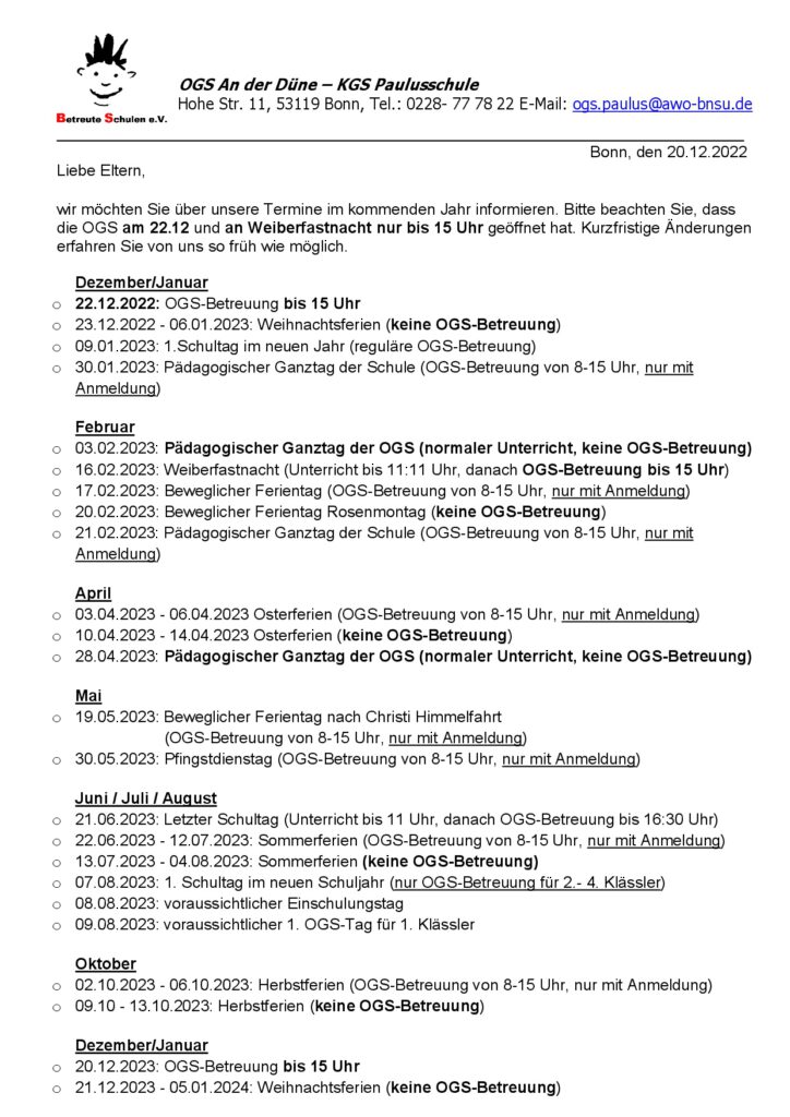 Terminplan OGS Paulusschule Bonn